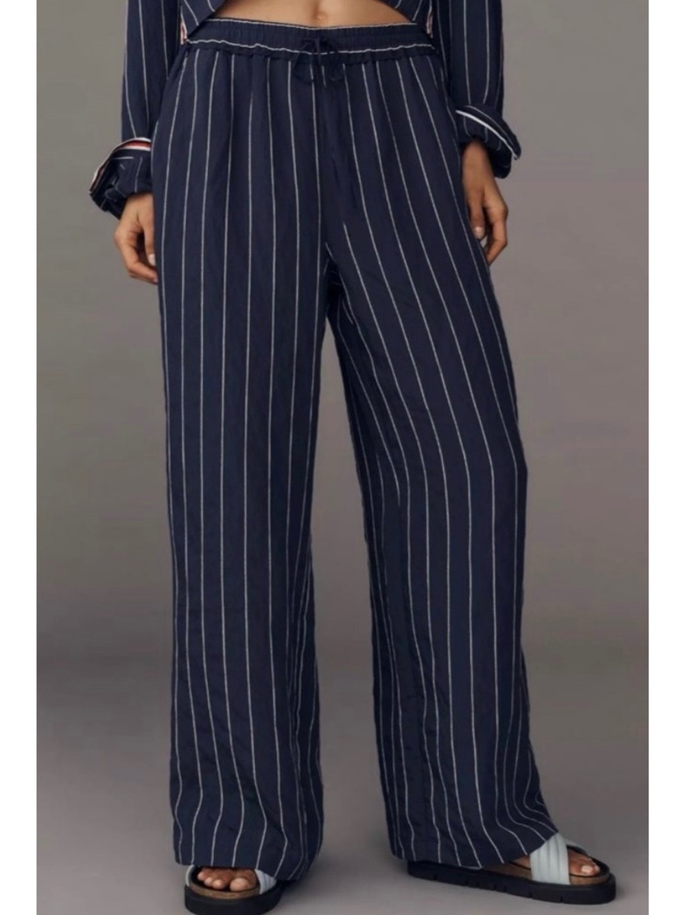 Anthropologie Maeve Low Slung Striped Wide Leg Track Pants Navy